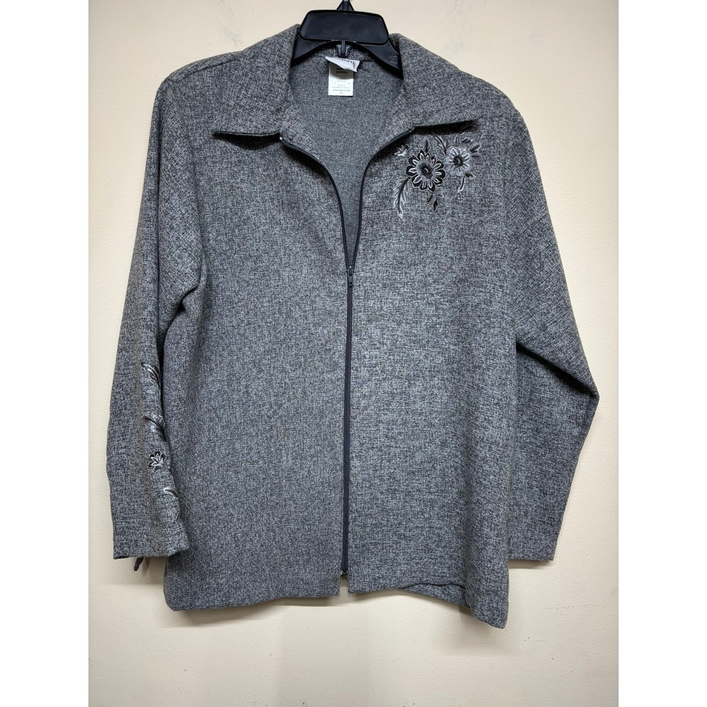 BonWorth Womens Medium Gray Zip Front Jacket Embroidered Floral Casual‎ Office